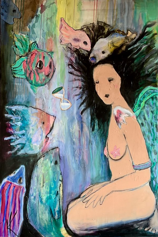 “Angel’s meeting with the Fish council” – maleri af Helle Kjems